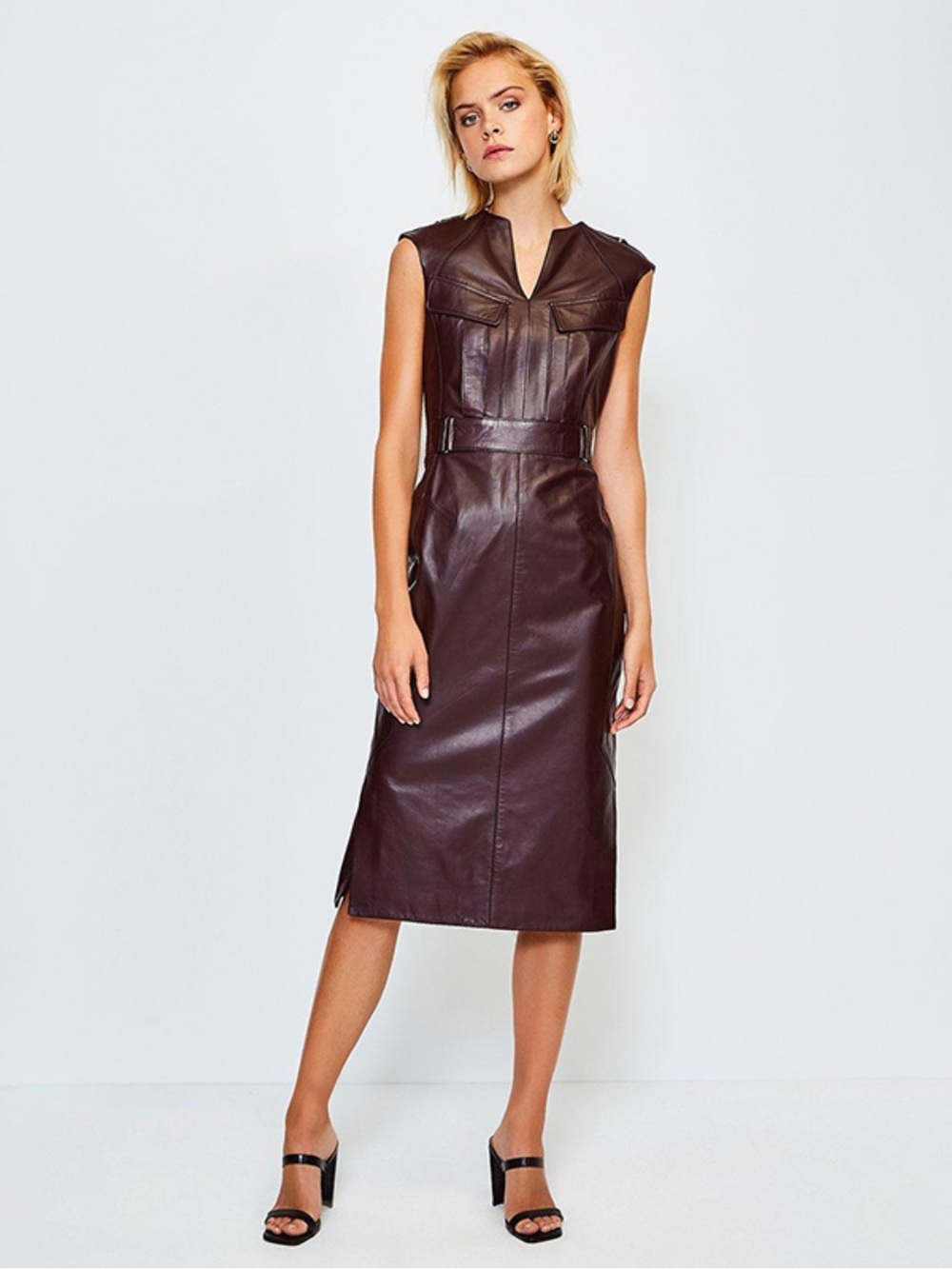 Karen Millen lamb nappa Leather Pocket Detail Midi Dress fig burgundy Size 8 L
